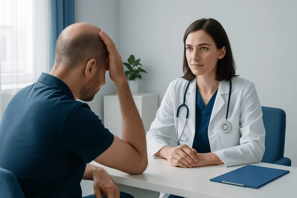 Doctor consulting with patient about hair loss treatment options.