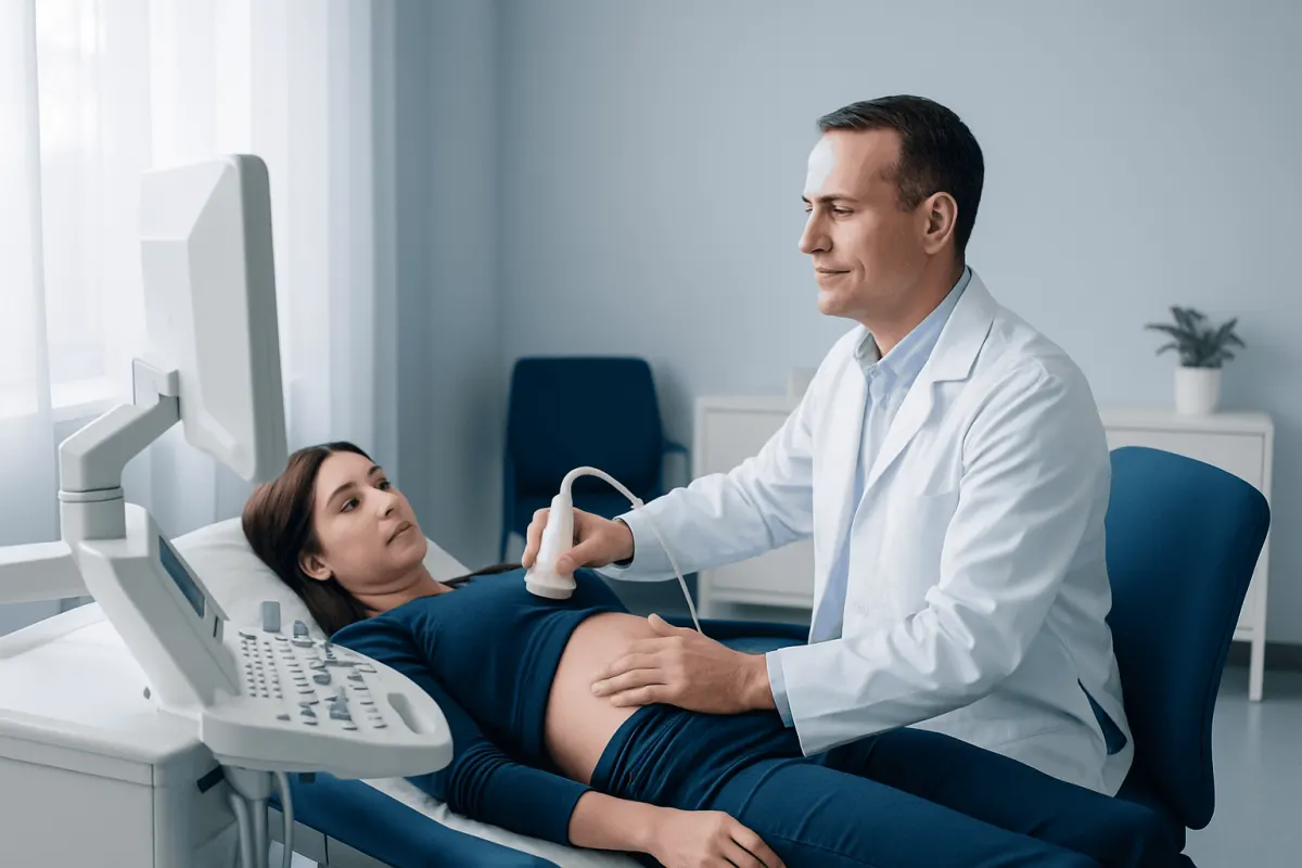 Doctor performing an abdominal ultrasound on a patient in a medical clinic.