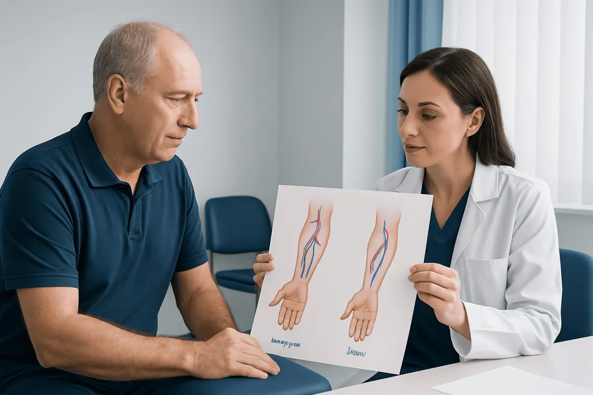 Doctor explaining vascular access options to a patient with diagrams of arm veins.