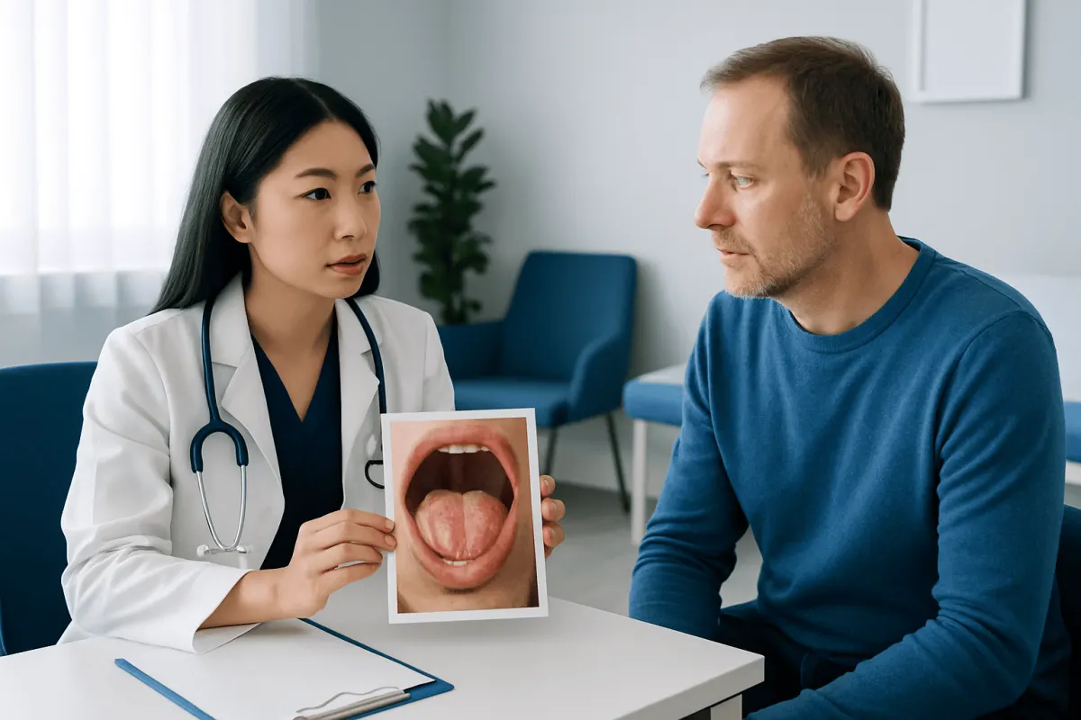 Doctor explaining tongue health to patient with tongue image model.