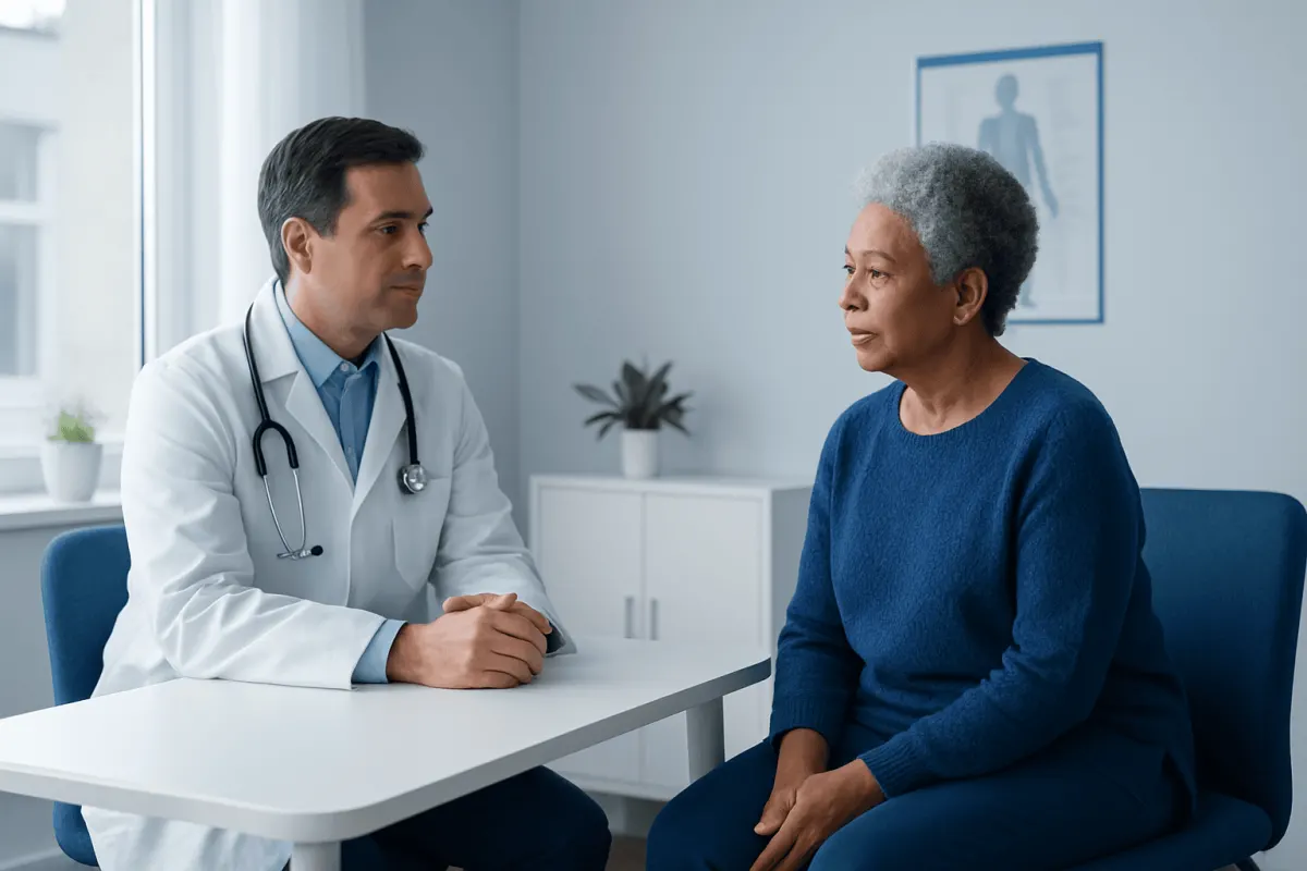 Doctor consulting with an elderly woman in a medical office.
