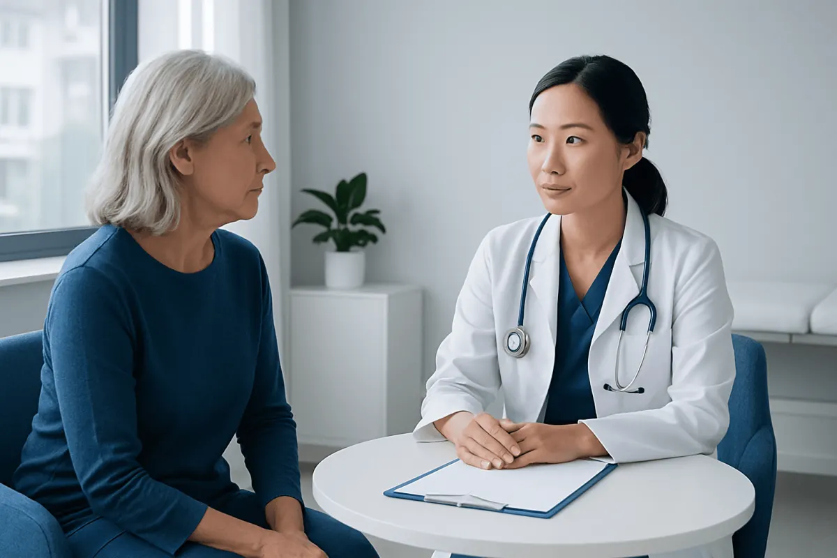 Doctor consulting with an elderly female patient in a modern clinic setting.