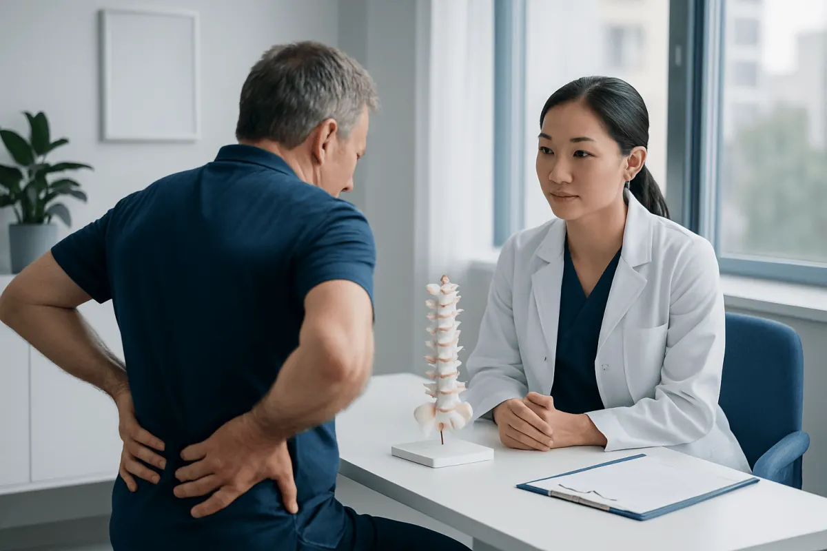 Doctor consulting patient about back pain and spinal health.