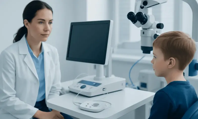 Pediatric audiology consultation with a doctor and young patient in a clinic.