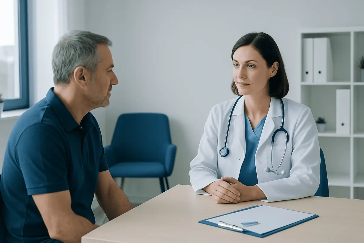 Doctor consulting with a patient in a modern medical office.