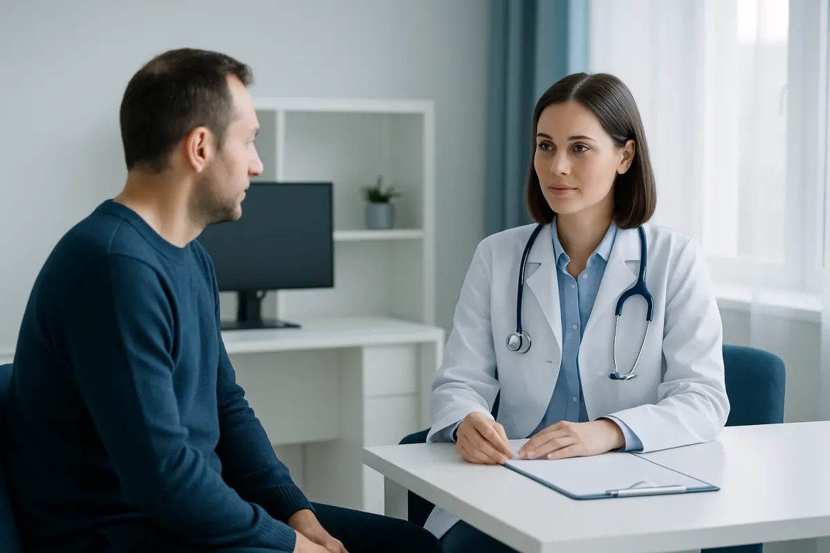Doctor consulting with a patient in a modern medical office.
