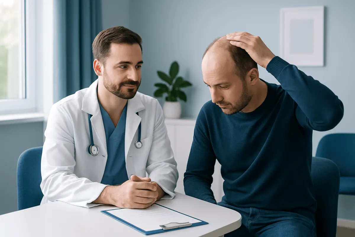 Doctor consulting with patient about hair loss and grafting options.
