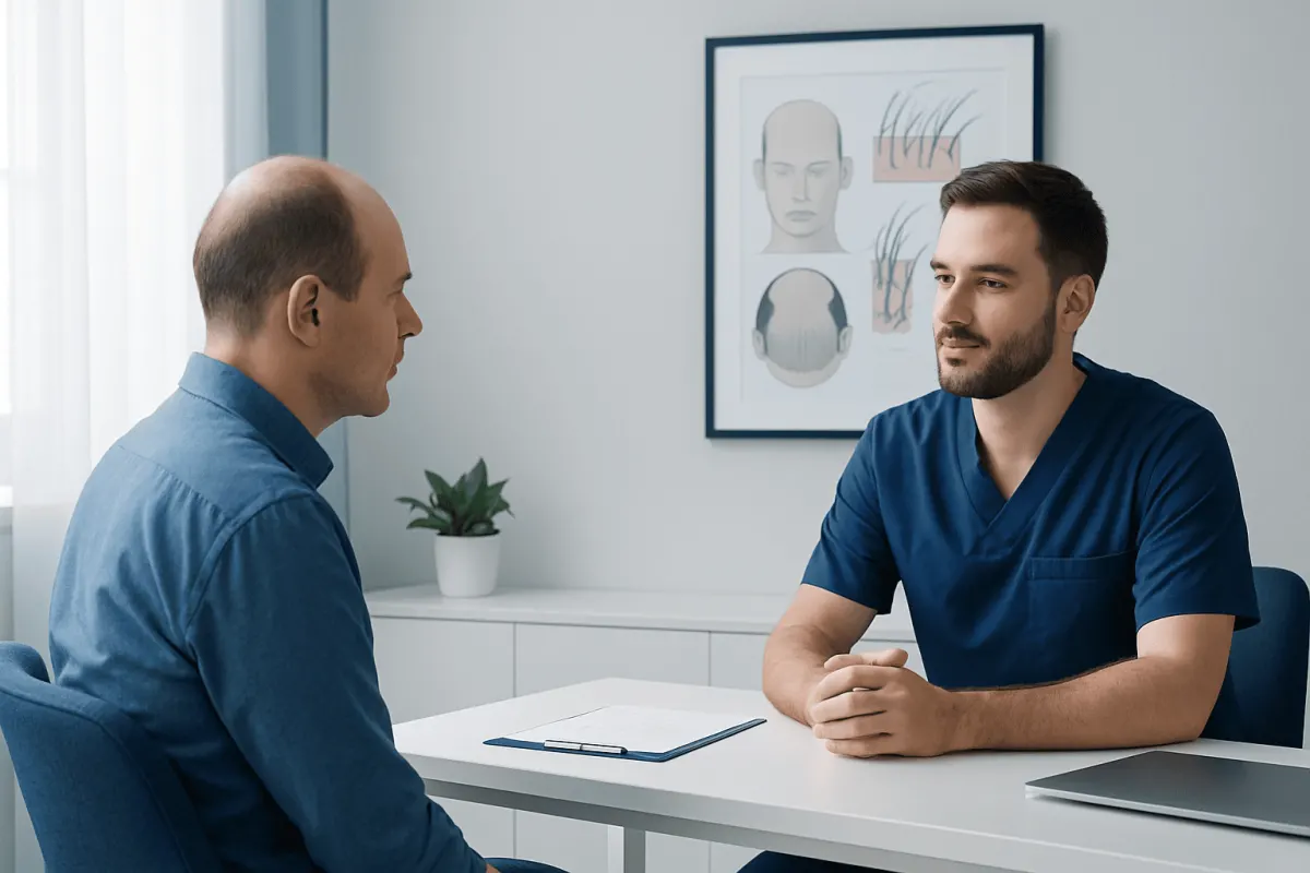 Consultation between a patient and doctor at Acibadem Hospital for hair transplant.