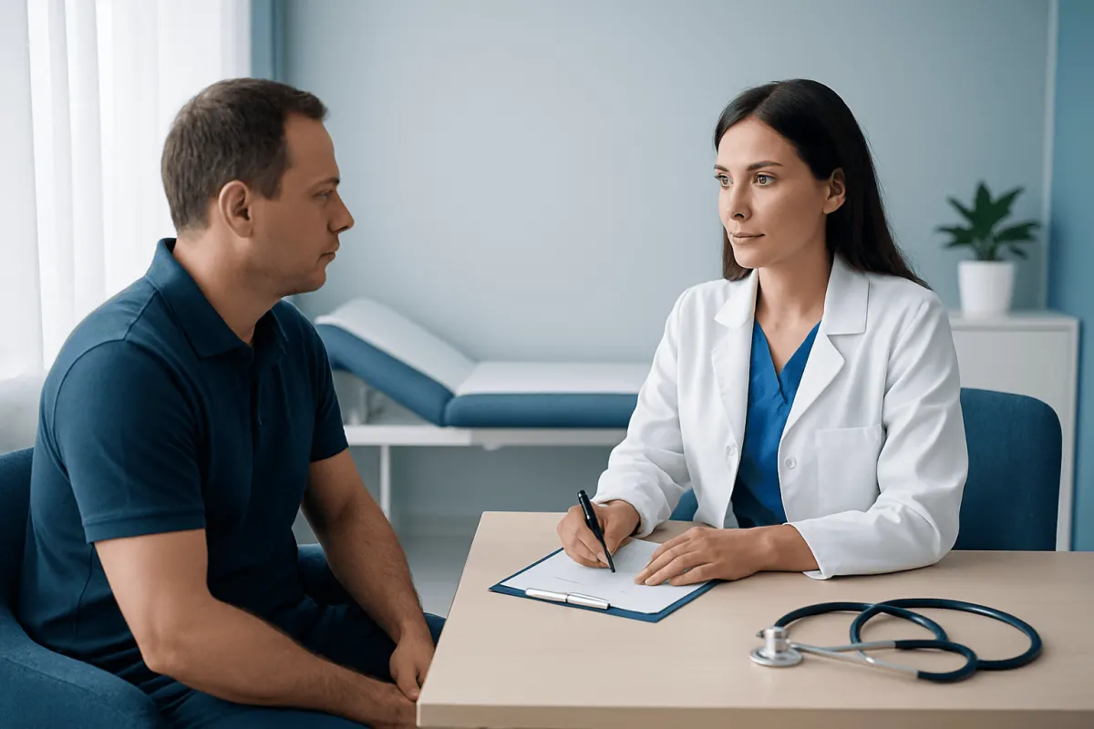 Doctor consulting patient about hyperhidrosis treatment options.