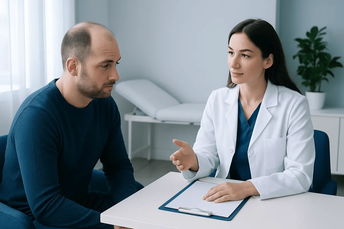 Doctor consulting with male patient in a medical office setting.