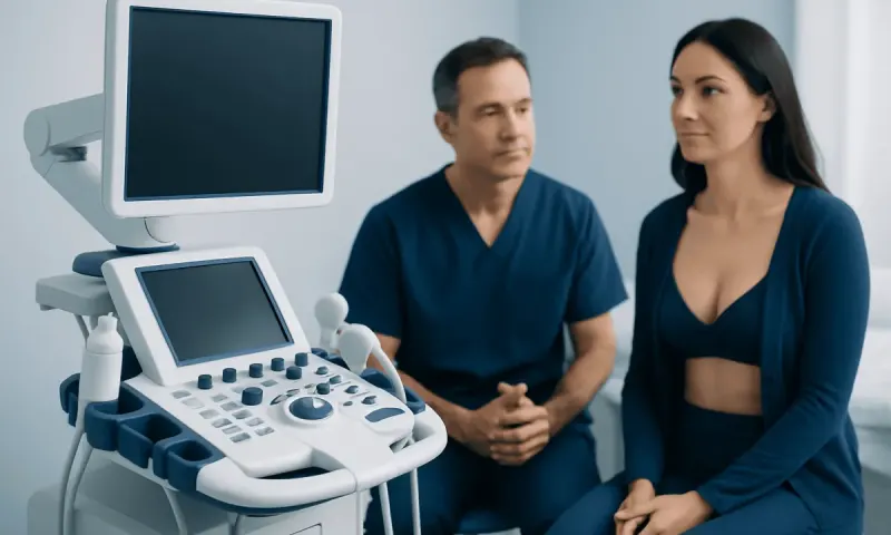 Doctor and patient during a consultation with ultrasound equipment in a medical clinic.