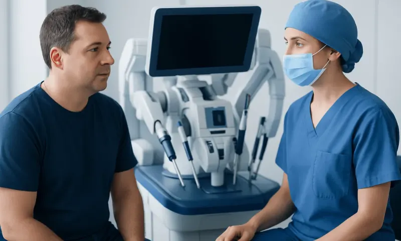Patient consulting with a healthcare professional in a modern medical facility.
