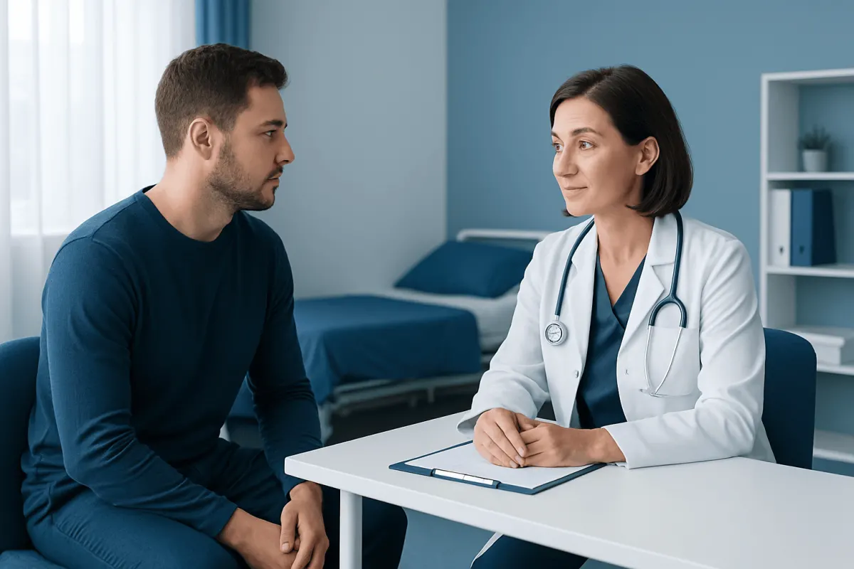 Doctor consulting with a male patient in a medical office setting.