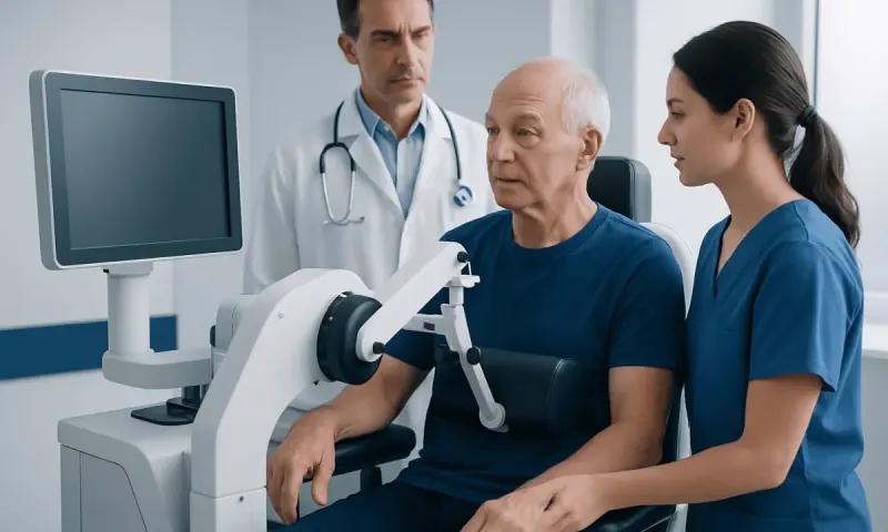 Doctor and nurse examining elderly patient's shoulder with medical equipment.