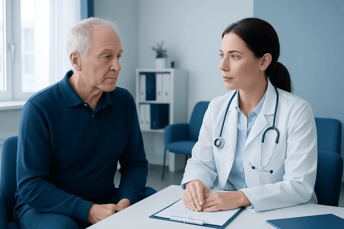 Doctor consulting with an elderly patient in a medical office.