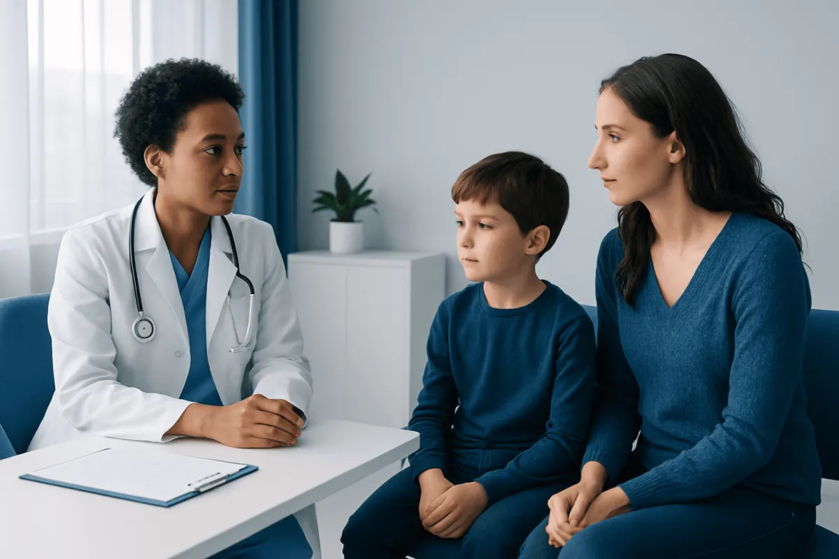 Doctor consulting with a mother and child in a medical office.