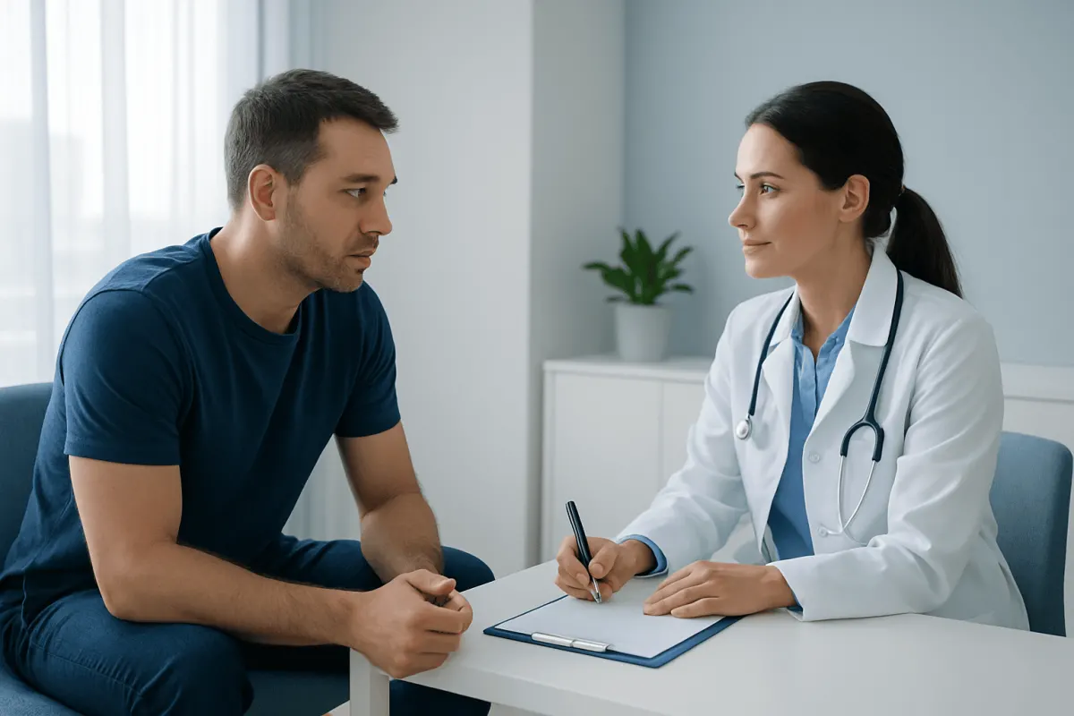 Doctor consulting with male patient in a medical office setting.