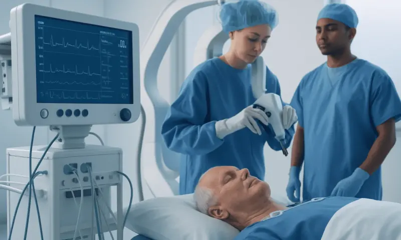 Medical team preparing for open heart surgery in a hospital.