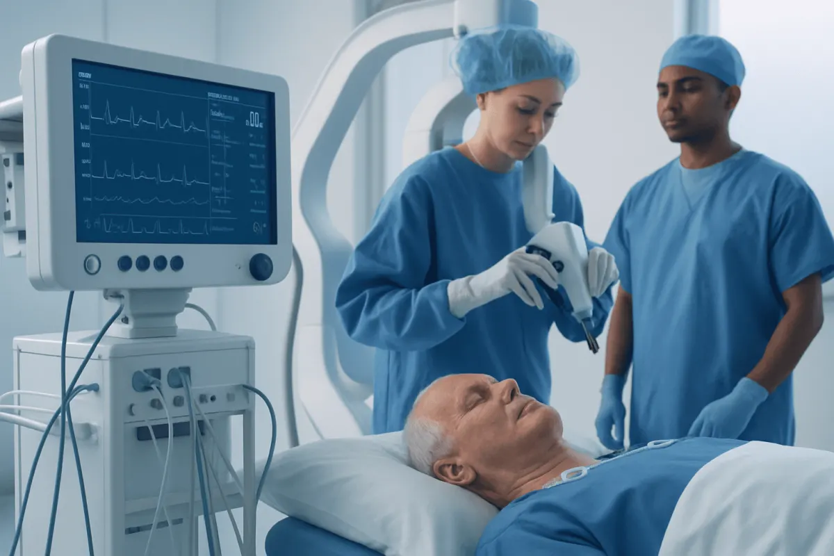 Medical team preparing for open heart surgery in a hospital.