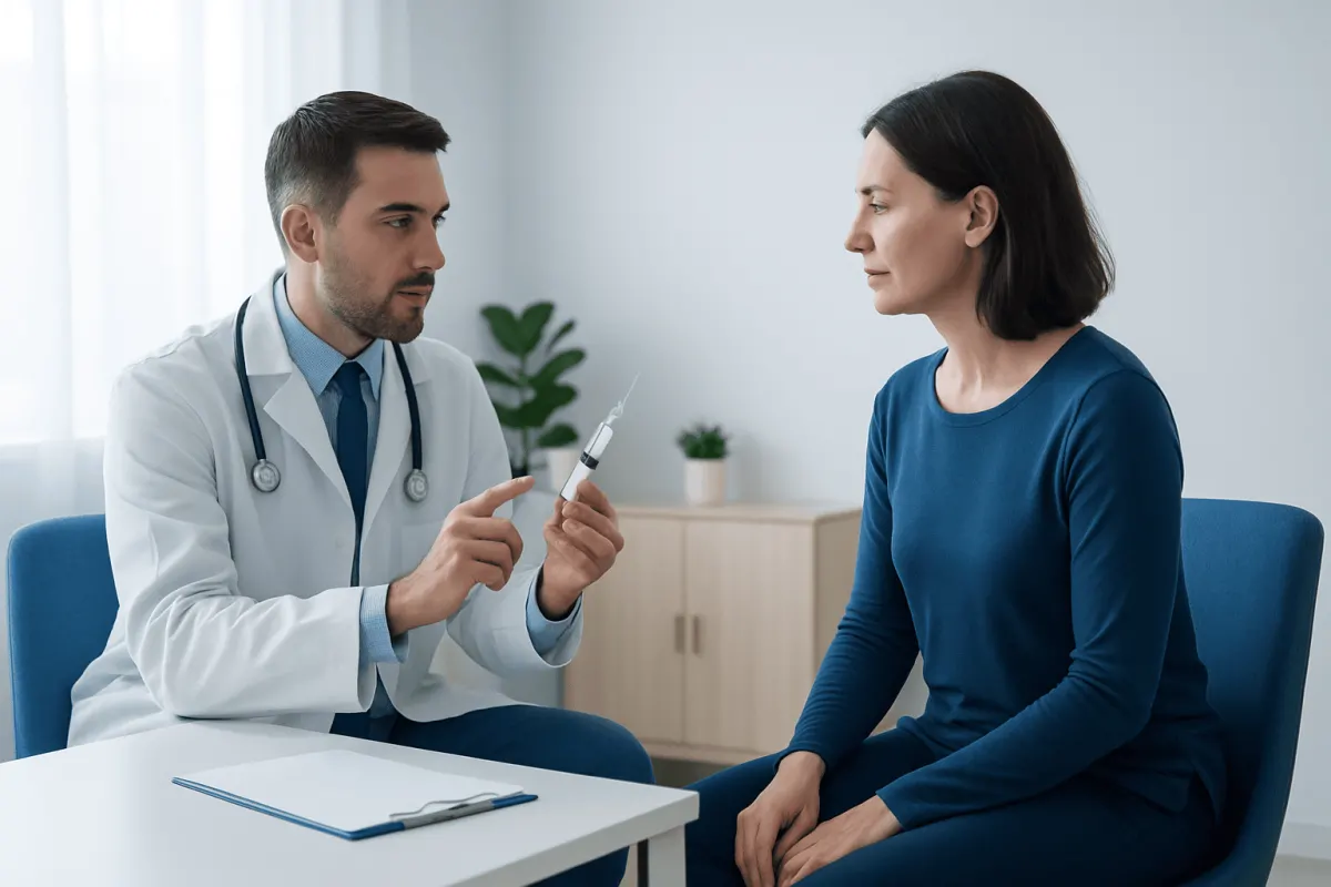 Doctor explaining intrathecal injection to a patient in a clinical setting.