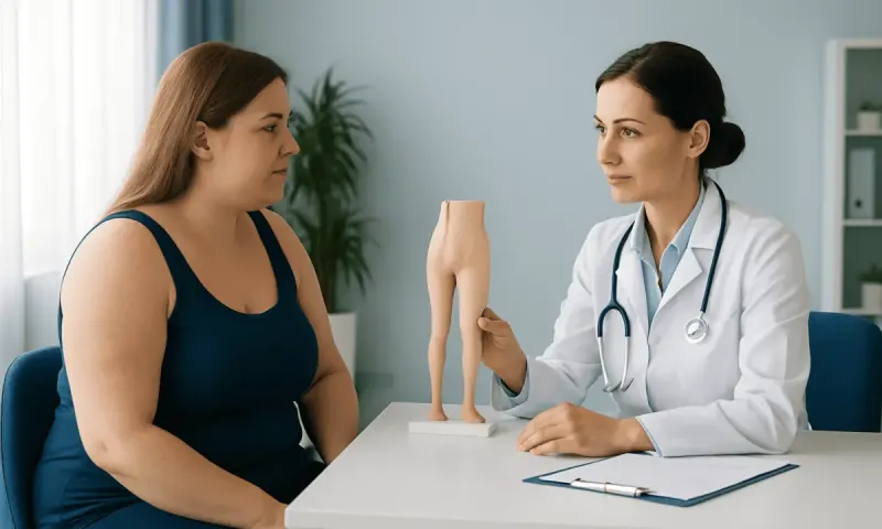 Doctor explaining liposuction options to a patient in a clinic setting.