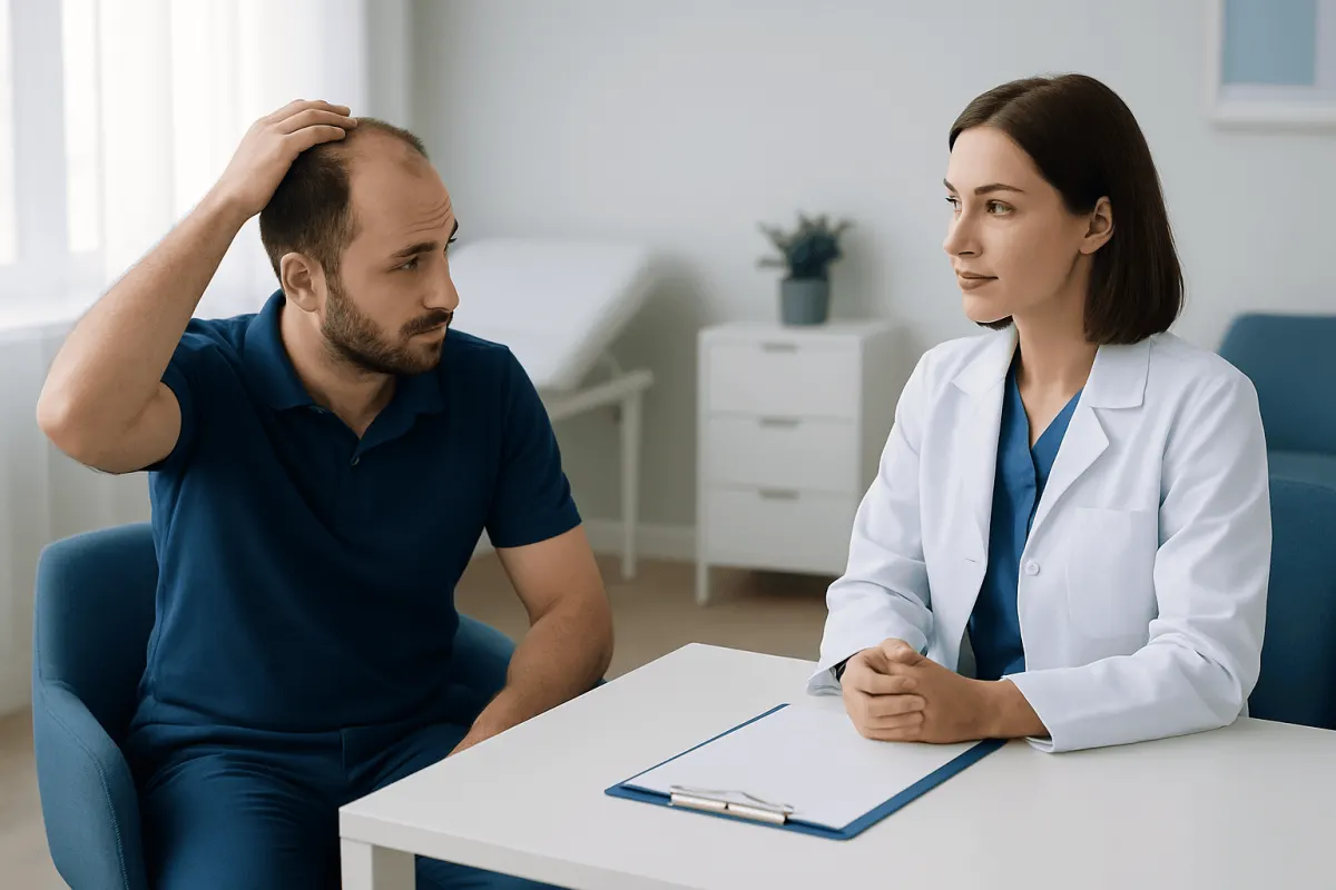 Patient consulting with doctor about hair loss treatment options.