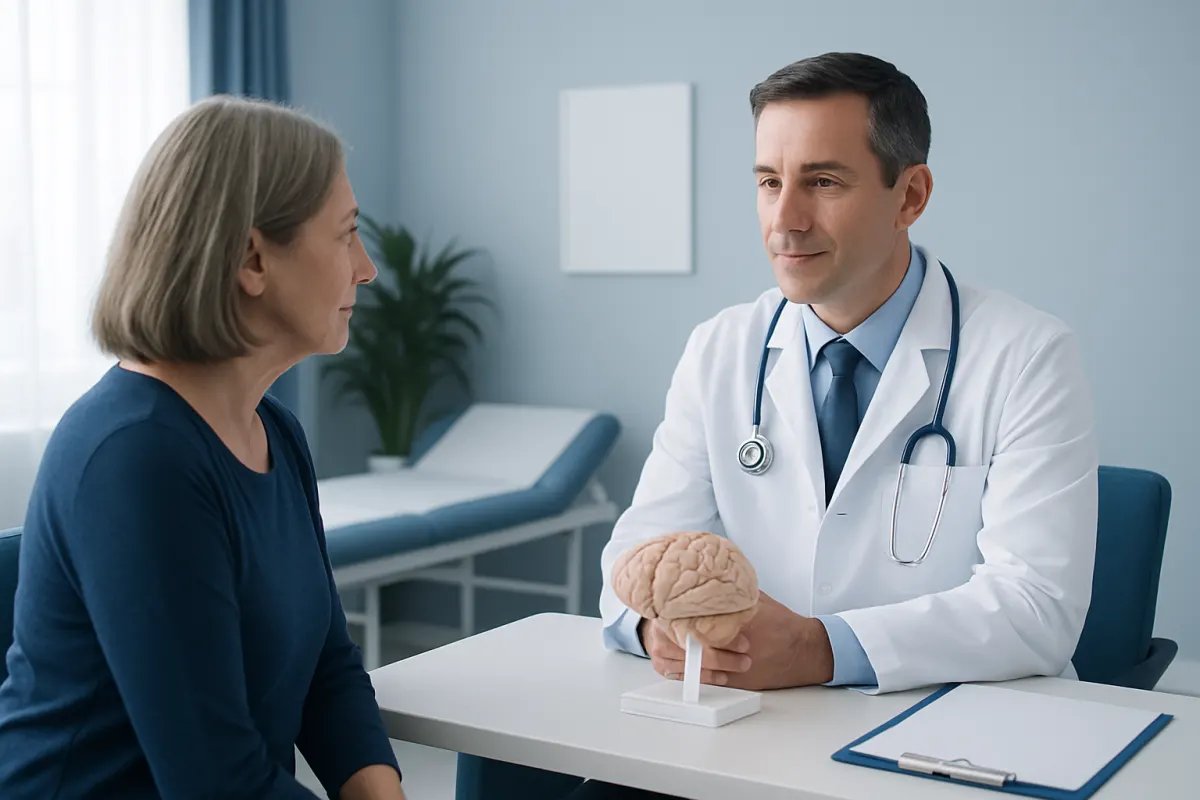 Doctor explaining brain cyst treatment options to a patient in a clinic.