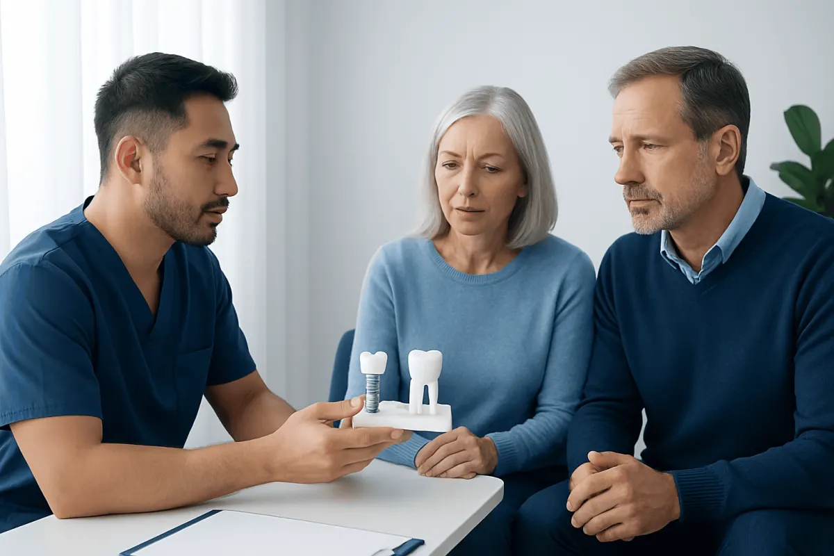 Dentist explaining dental implant options to an elderly couple.