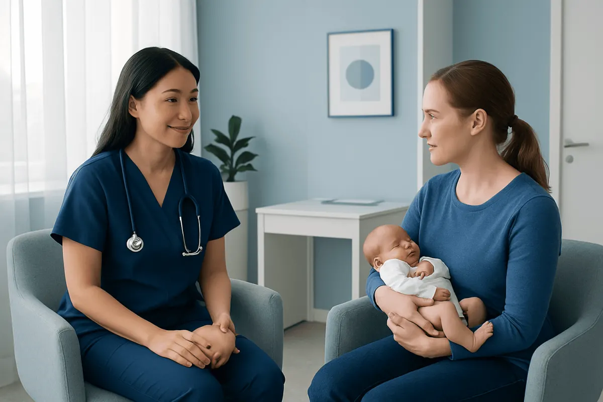 Pediatric occupational therapist consulting with mother and newborn in clinic.