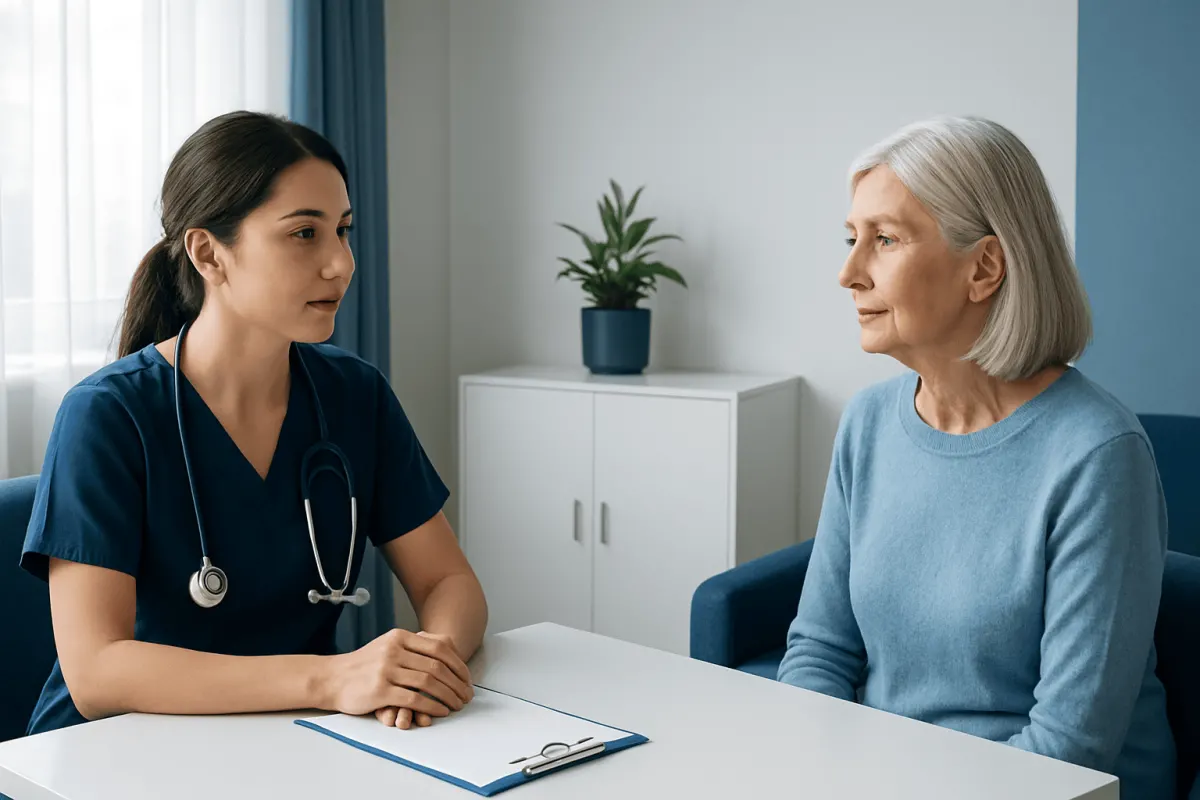 Doctor consulting with elderly patient in clinic setting.