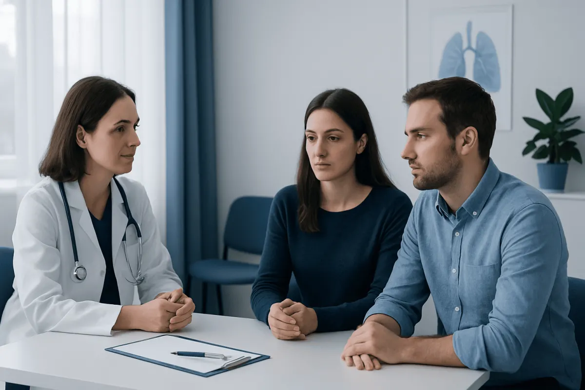 Doctor consulting with a patient and companion in a medical office.