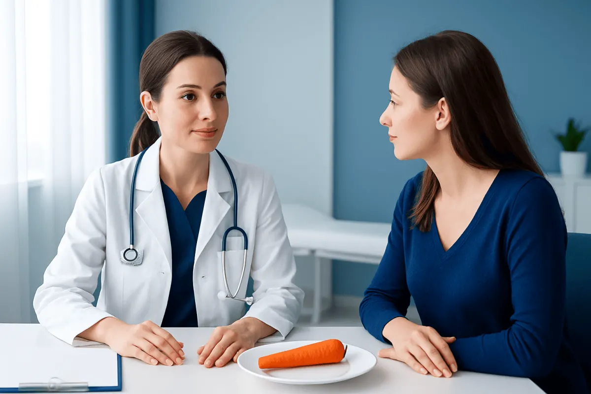 Doctor consulting with patient about healthy eating and weight loss.