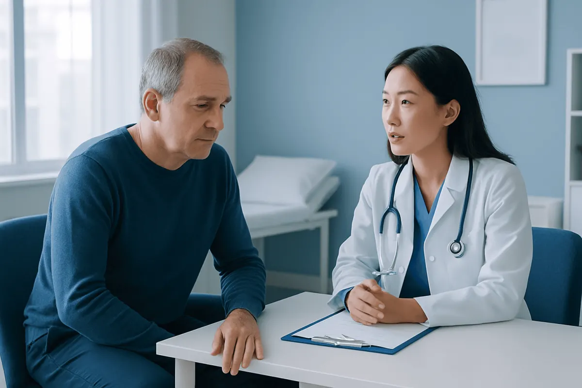 Doctor consulting with an older male patient in a medical office.
