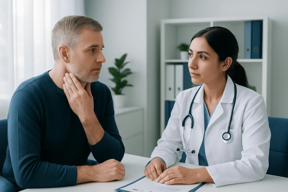 Doctor consulting with a male patient in a medical office setting.