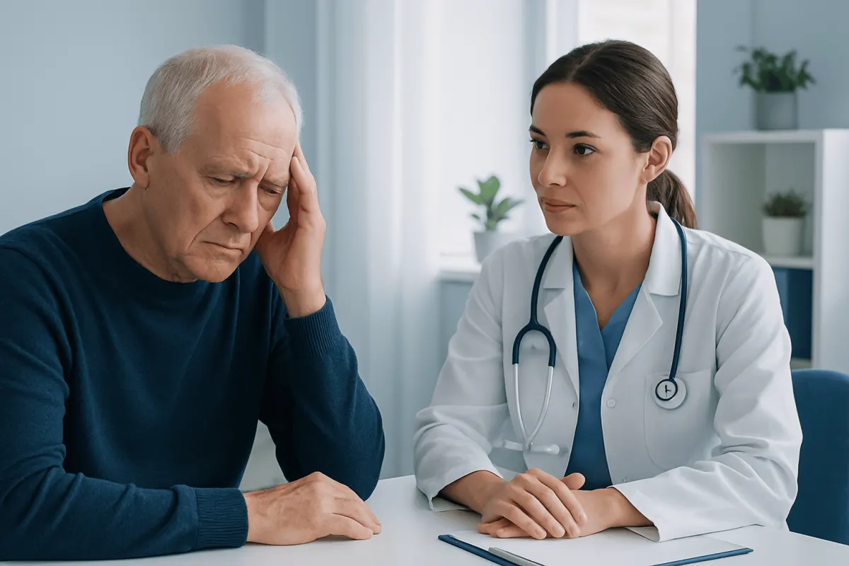 Doctor consulting with elderly patient about memory loss symptoms.