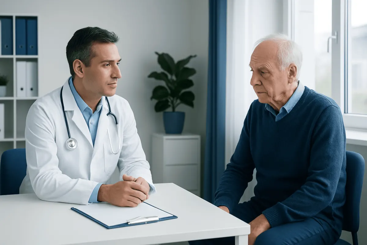 Doctor consulting with elderly patient in a medical office.