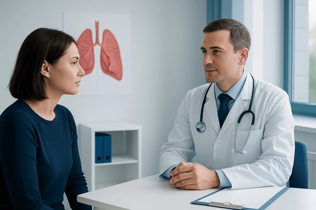 Doctor consulting with a patient about lung health in a medical office.