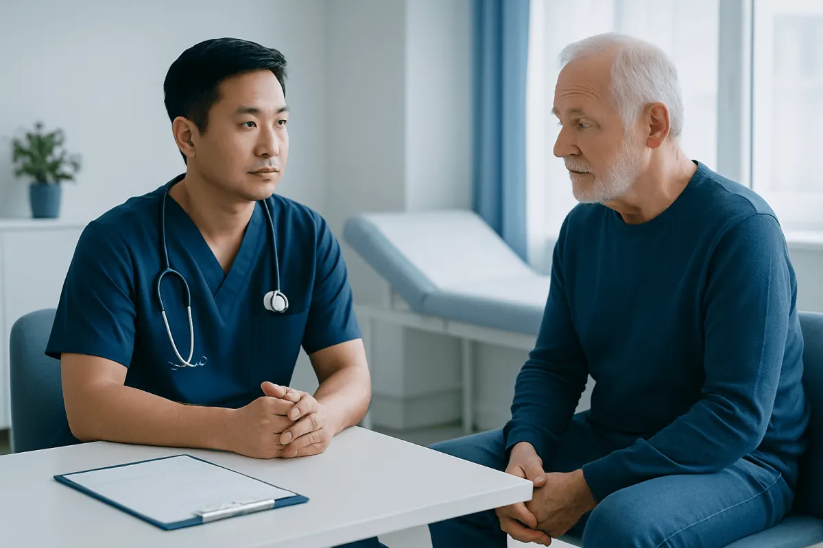 Doctor consulting with an elderly patient in a medical office.
