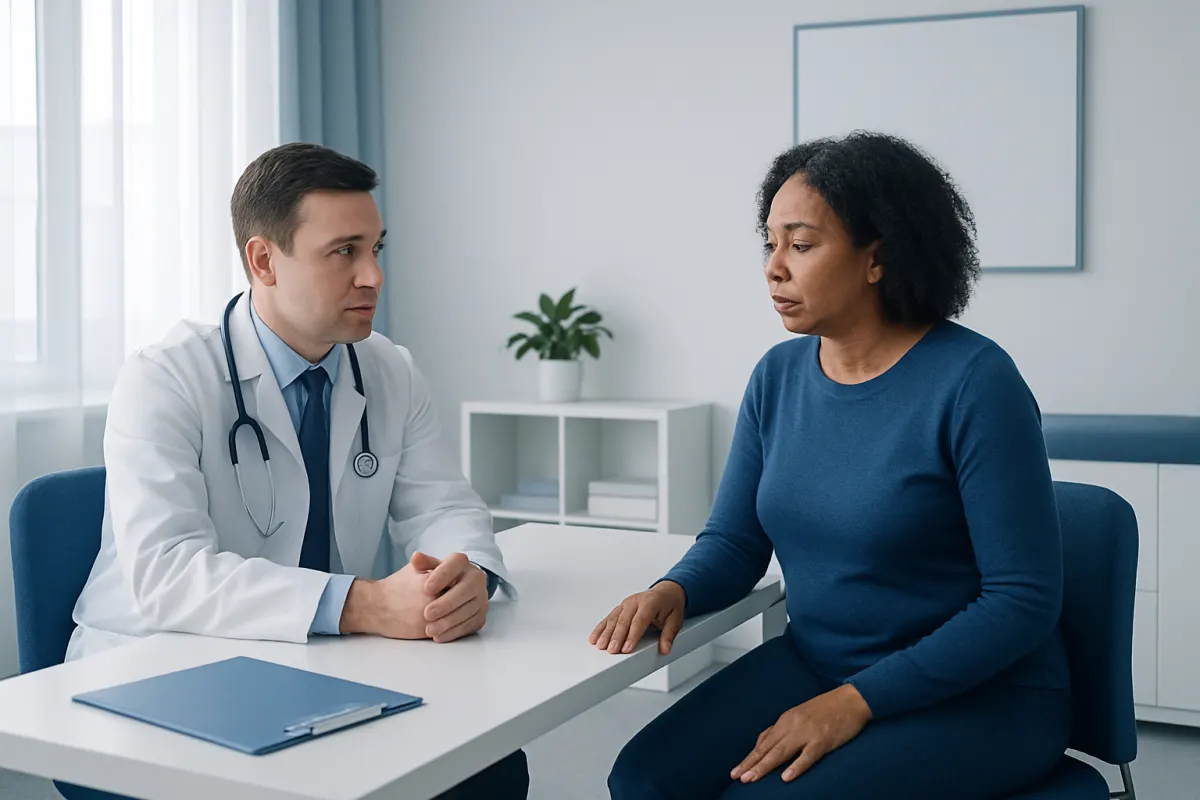 Doctor consulting with a patient in a modern medical office.