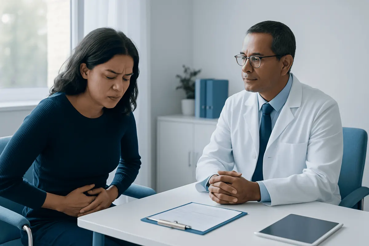 Doctor consulting with a woman patient about cramping symptoms.