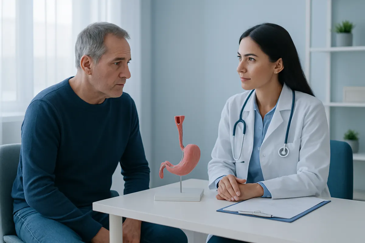 Doctor explaining esophagus tumor to patient with model.