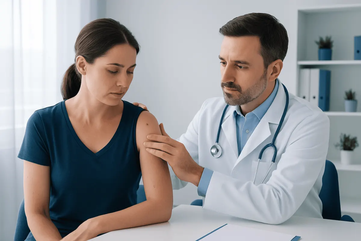 Doctor examining patient's shoulder in a clinical setting.