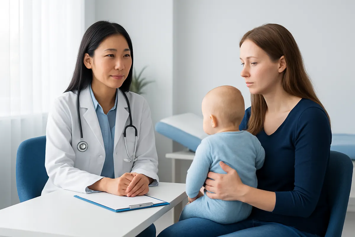 Pediatric consultation at Acibadem Hospital with doctor and mother with baby.