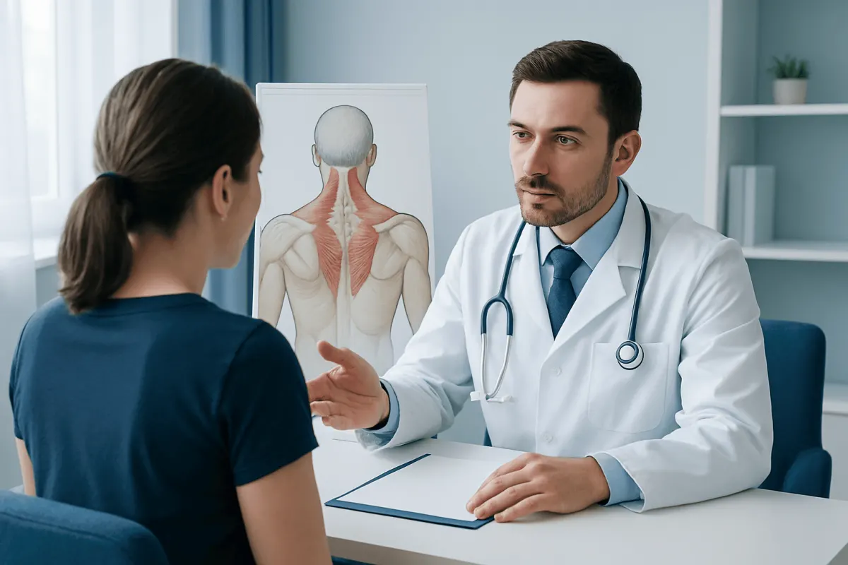 Doctor explaining trapezius muscle to patient in consultation room.
