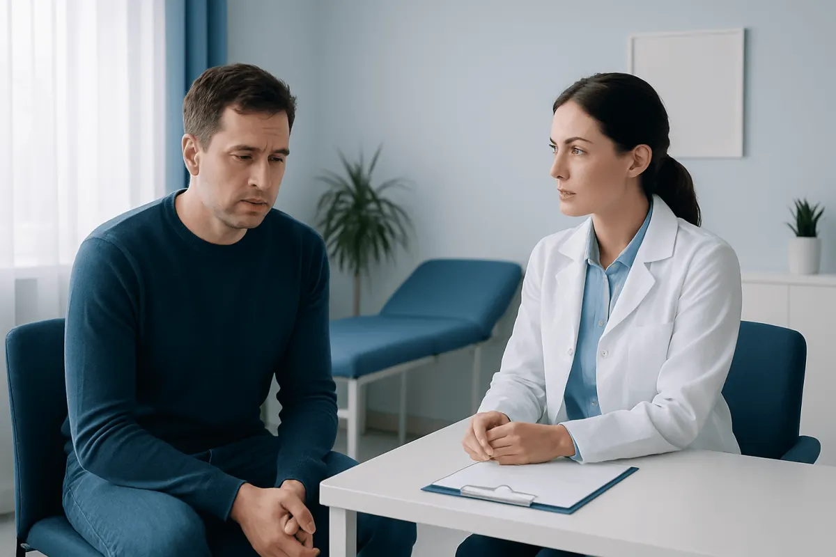 Doctor consulting with a male patient in a medical office.