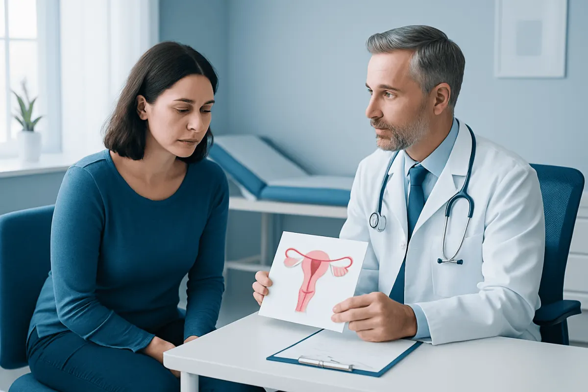 Gynecologist explaining uterine health to a patient with a diagram.