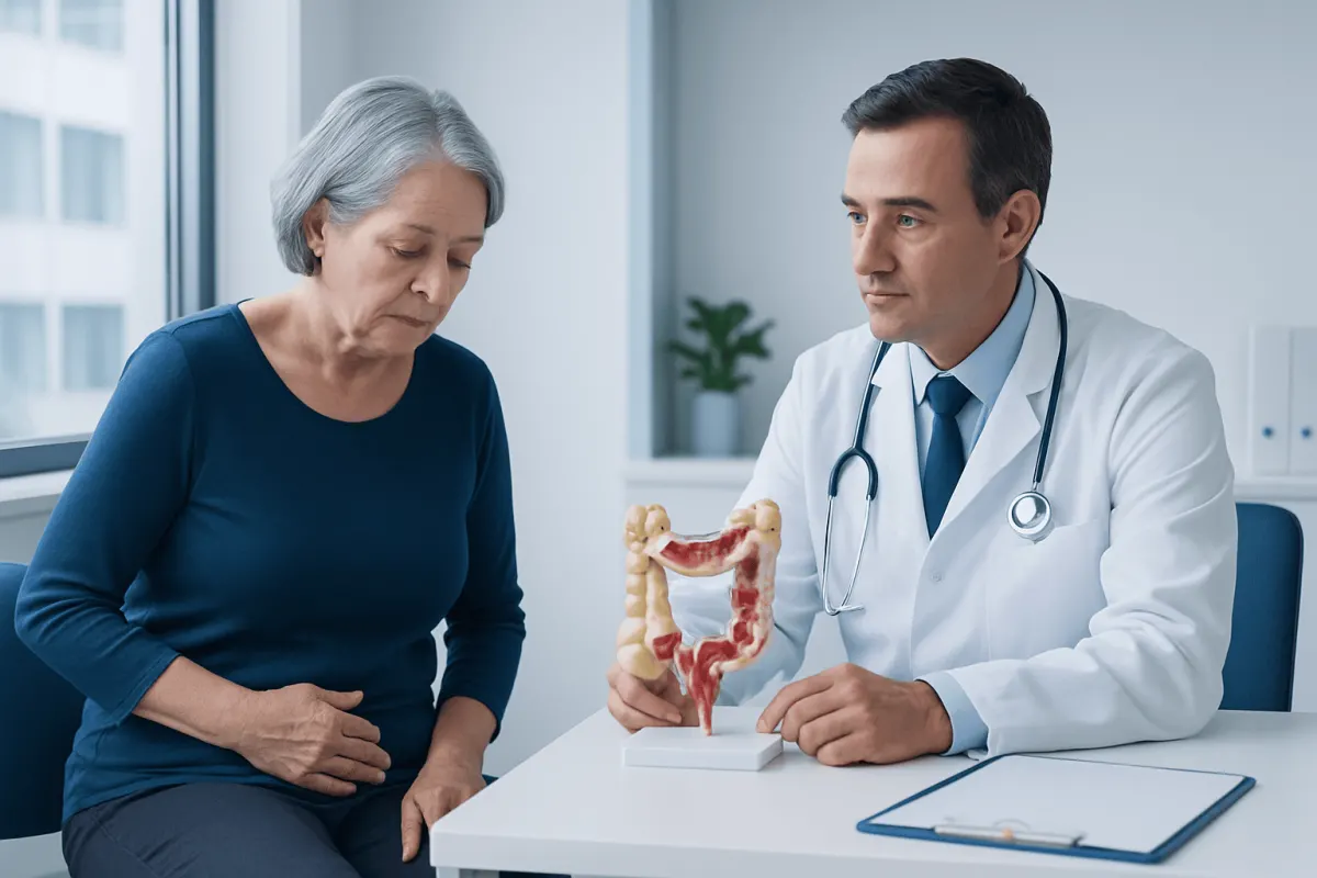 Doctor explaining rectal anatomy to an elderly woman in a consultation room.