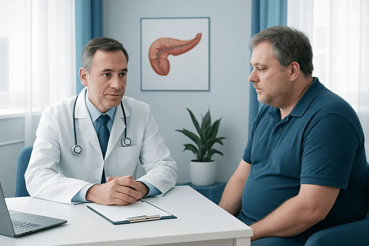 Doctor consulting with a patient about pancreatic health in a medical office.
