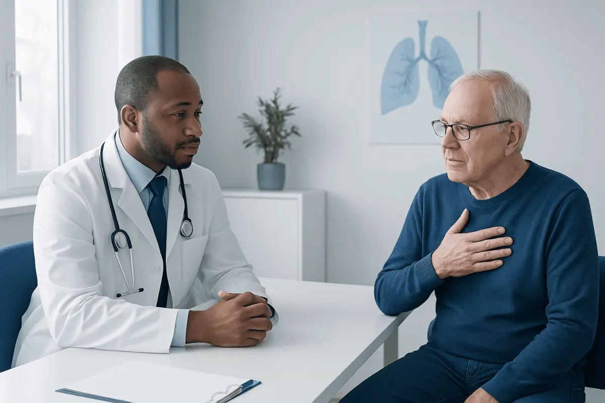 Doctor consulting with elderly patient about bronchitis symptoms in clinic.
