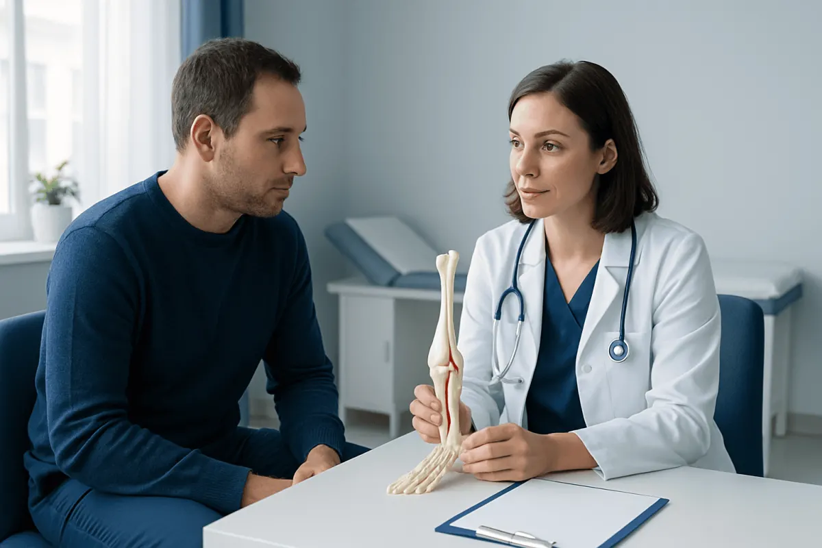 Doctor explaining fibula fracture to patient with bone model in clinic.